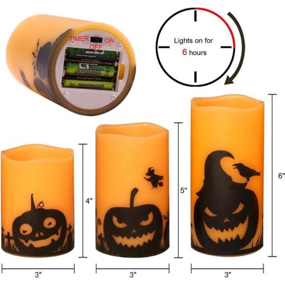 Halloween Flameless Candles, LED Flickering Battery Pillar Candles with 6H Timer - Picture 2 of 7